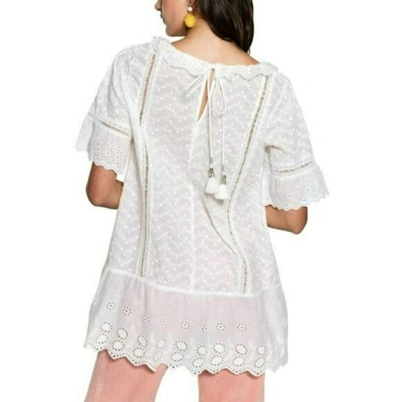 NWT POL Boho Eyelet Embroidered Lace Ruffle Trim Blouse Tunic Top - Picture 4 of 6